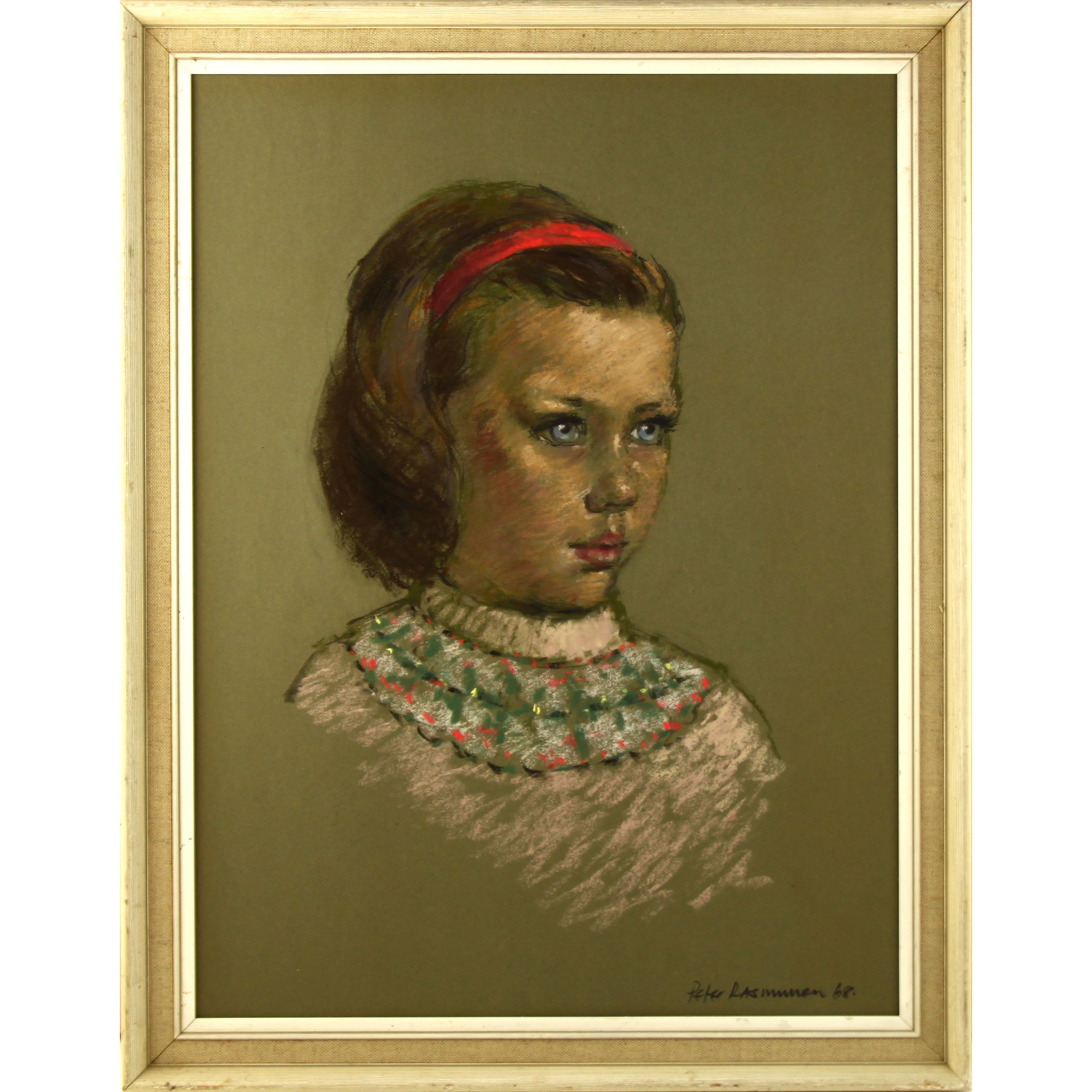 
Original Sixties Retro Signed Framed Pastel Portrait Drawing Girl Hair Band 1968 - Full Image
